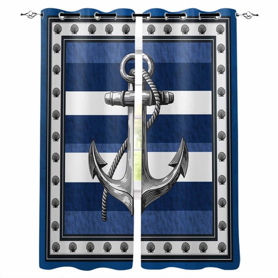 Navy Blue Anchor Blackout Curtains for Bedroom, Nautical Summer Beach Coastal Ocean Thermal Insulated Kitchen Drapes with Grommets, Light Blocking Window Treatment, 2 Panels 52" x 84"