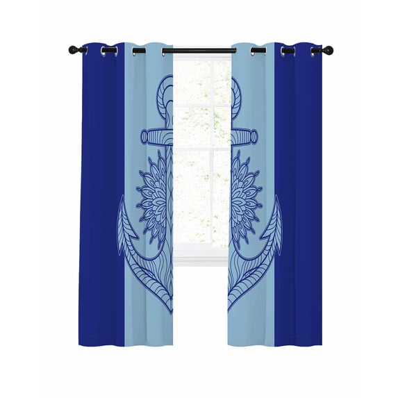 Navy Blue Anchor Blackout Curtains, Light Blocking Print Window Curtains, Nautical Mandalas Boho Modern Abstract Thermal Insulated Window Drapes for Living Room 2 Panels, 104"W x 72"L