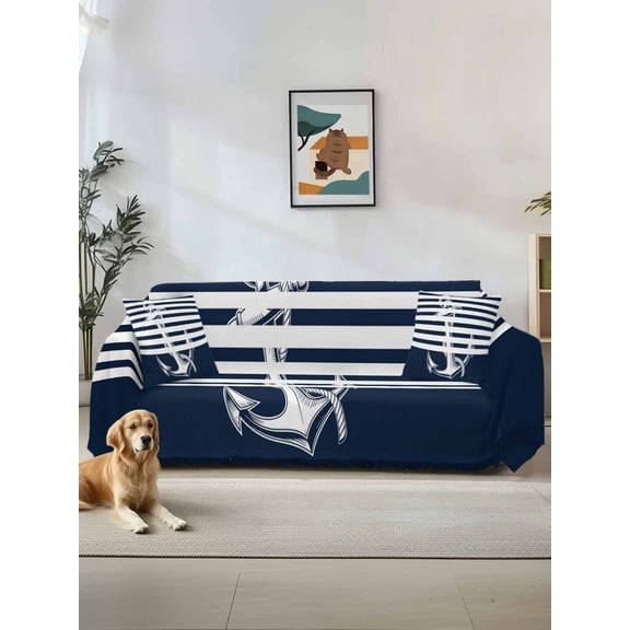 Navy Blue Anchor Couch Cover, Nautical Coastal Abstract Art Sofa Cover Blanket for Loveseat Couches, Sectional Sofa Slipcover Furniture Protector for Living Room Bedroom 71''x118''