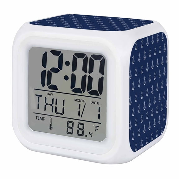 Navy Blue Anchor Digital Alarm Clock for Bedrooms, Smart LED Alarm Clock with 7 Color Changing Night Light, Nautical Coastal Summer Ocean Ship Silent Wake Up Clocks for Sleep Study Cooking 3.2"x3.2"
