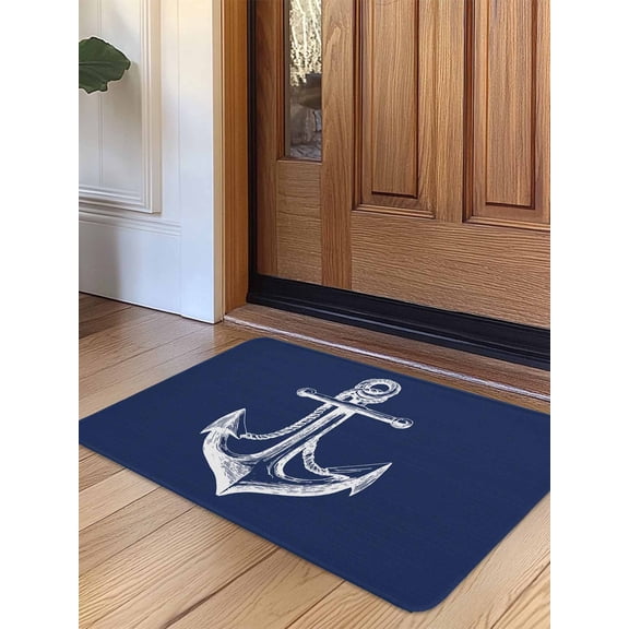 Navy Blue Anchor Door Mat Indoor Outdoor Entrance, Non Slip Small Rug for Kitchen Bathroom Entryway Rug, Coastal Nautical Marine Minimalist Washable Doormat Floor Mat for Office 16x24 Inch