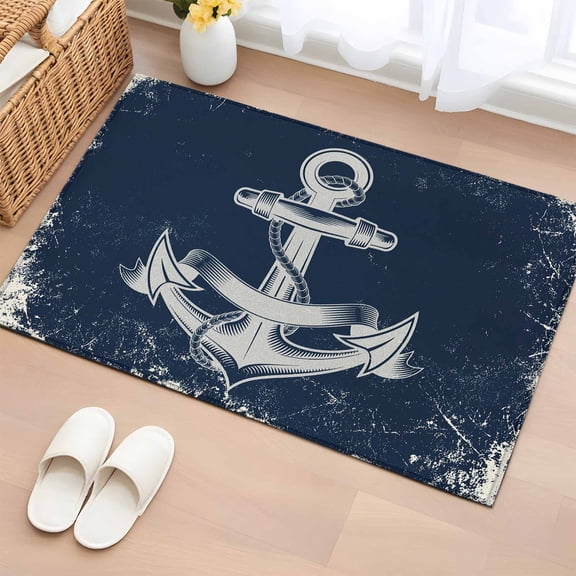 Navy Blue Anchor Entryway Rug 2'x3' Non Slip Front Door Mats, Nautical Coastal Summer Vintage Ocean Entrance Rugs Indoor Outdoor Carpet, Washable Floor Mats Small Area Rug for Bedroom Kitchen