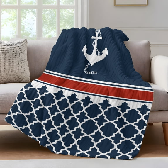 Navy Blue Anchor Fleece Throw Blanket for Couch, Nautical Ocean Retro Striped Geometric Microfiber Flannel Blanket for All Season, Lightweight Soft Throw Blankets for Bedroom, Living Room, 60"x80"