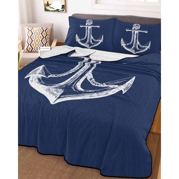 Navy Blue Anchor King Size Down Alternative Comforter, Lightweight Comforter Quilt Bedding Set with Pillow Shams Coastal Nautical Marine Minimalist All Seasons Bed Comforter Duvet Insert 96"x106"