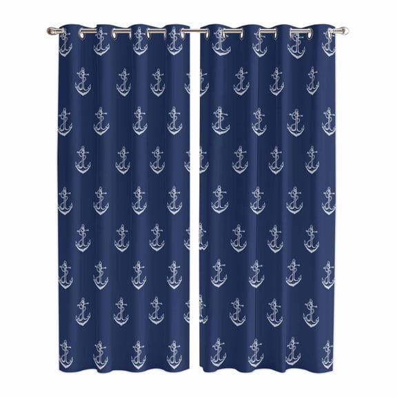 Navy Blue Anchor Kitchen Curtains 84 Inch Length, Nautical Coastal Summer Ocean Ship Grommet Top Bedroom Living Room Curtains, Light Filtering Cafe Curtain Drapes 2 Panels Set 84''x84''