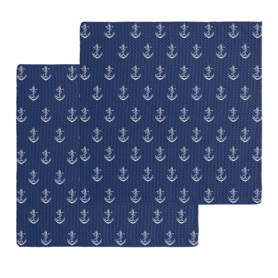 Navy Blue Anchor Kitchen Dish Towels for Drying Dishes Set of 2, Nautical Coastal Summer Ocean Ship Waffle Weave Microfiber Hand Tea Bathroom Towels Quick Dry & Absorbent Towel 12x12