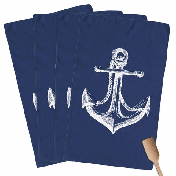 Navy Blue Anchor Kitchen Towel Dish Cloths Set of 4, Microfiber Soft Kitchen Hand Towels, Coastal Nautical Marine Minimalist Absorbent Quick Drying Dishcloths 18 x 28 Inches