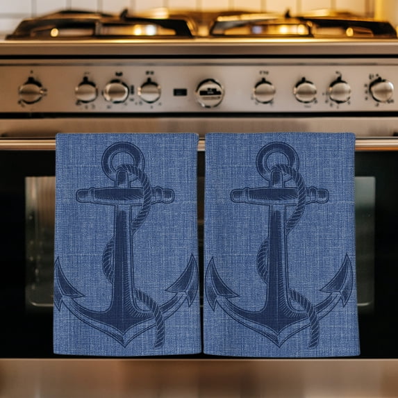 Navy Blue Anchor Kitchen Towels Set of 3, Coastal Summer Beach Nautical Buralp Absorbent Dish Towels for Kitchen, Microfiber Hand Towel, Quick Drying Tea Towel for Cleaning Decorative Dishcloths