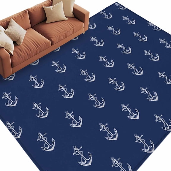 Navy Blue Anchor Large Area Rugs for Bedroom Living Room, Soft Non Slip Carpet Bedside Rug, Nautical Coastal Summer Ocean Ship Rectangular Floor Cover Kitchen Accent Rug 5'x7' for Dining Room/Office