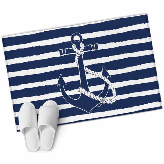 Navy Blue Anchor Nautical Bathroom Mat 2x3 FT, Non Slip Small Kitchen Mat, Navy Blue Striped Farmhouse Washable Soft Backed Front Door Throw Rug Non-Shedding Indoor Outdoor Doormat for Entryway Sink