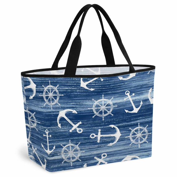 Navy Blue Anchor Nautical Beach Bag for Women, Large Breathable Mesh Beach Tote Bag, Coastal Rudder Beach Sandproof Lightweight Travel Bags for Vacation Picnic Swimming Pool 15.7"x15.7"x9.1"
