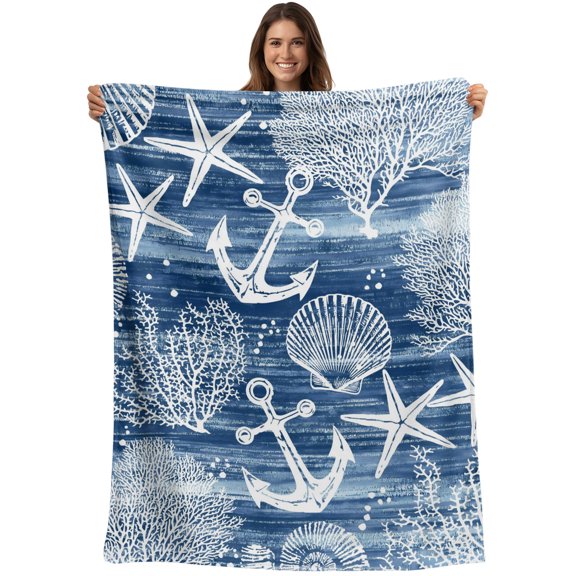 Navy Blue Anchor Nautical Blanket Soft Cozy Warm Throw Blanket for Couch, Plush Fuzzy Flannel Blankets for Sofa, Coastal Beach Coral Starfish Bed Blankets Lightweight Gifts for Women, 30"x40"