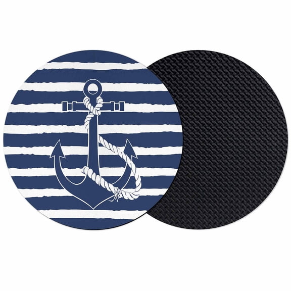 Navy Blue Anchor Nautical Coasters Set of 2, Navy Blue Striped Farmhouse Absorbent Coasters for Drinks, Coaster for Bar Office Dining Coffee Table Accessories Decor, Non Slip Round Desk Coaster