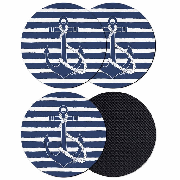 Navy Blue Anchor Nautical Coasters Set of 4, Soft Absorbent Coasters for Drinks, Navy Blue Striped Farmhouse Non-Slip Cup Coaster Mat with Rubber Bottom for Home Kitchen Coffee Bar Table Decor 4"