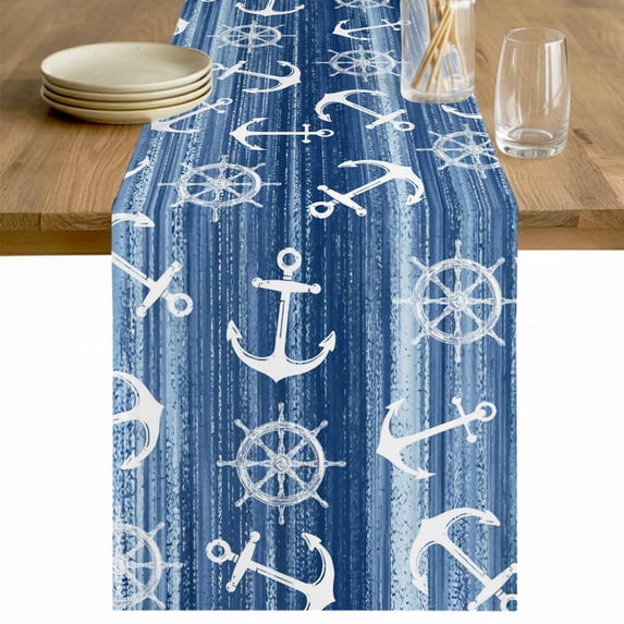 Navy Blue Anchor Nautical Cotton Linen Rectangle Table Runners 13"x60", Coastal Rudder Beach Coffee Table Runner Dresser Scarves Luxury Table Runners for Wedding Party Banquet Dinner Decor