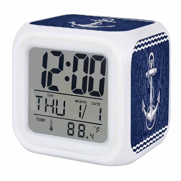Navy Blue Anchor Nautical Digital Alarm Clock for Bedrooms,Smart LED Alarm Clock with 7 Color Changing Night Light,Coastal Summer Ocean Farmhouse Silent Wake Up Clocks for Sleep Study 3.2"x3.2"
