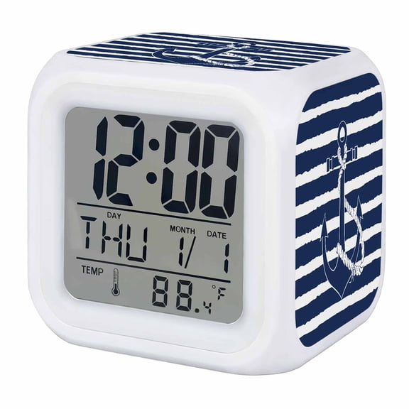 Navy Blue Anchor Nautical Digital Alarm Clock for Bedrooms,Smart LED Alarm Clock with 7 Color Changing Night Light,Navy Blue Striped Farmhouse Silent Wake Up Clocks for Sleep Study Cooking 3.2"x3.2"