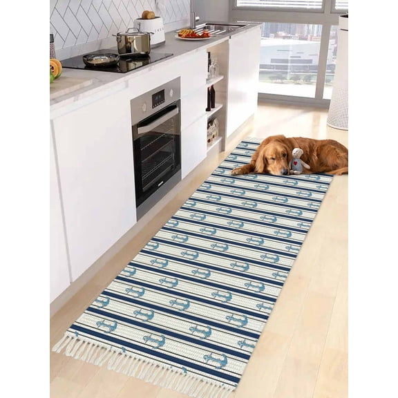 Navy Blue Anchor Nautical Entryway Runner Rug 2x4ft,Coastal Ocean Summer Beach Washable Woven Living Room Hallway Bedroom Kitchen Carpet with Tassels,Indoor Outdoor Throw Door Mat for Entryway