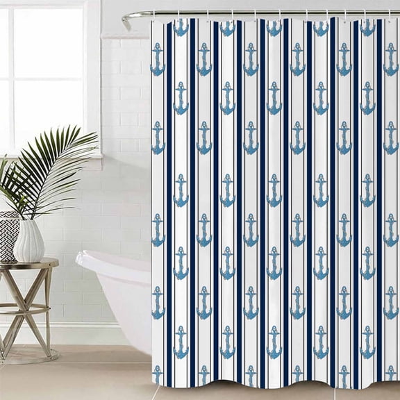 Navy Blue Anchor Nautical Extra Long Shower Curtain Set, Waterproof Shower Curtains for Bathroom, Coastal Ocean Summer Beach Washable Fabric Cloth Bath Curtain for Bathtub with Hooks 72x96 Inches