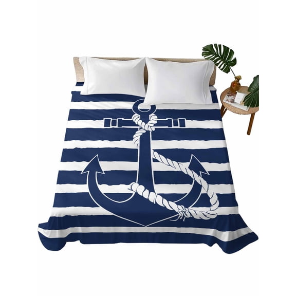 Navy Blue Anchor Nautical Flat Sheet Only Twin Size, Soft Breathable Bed Top Sheets for Mattress, Navy Blue Striped Farmhouse Luxury Bedding Flat Sheets for Home Hotel Bedroom Bed Protection