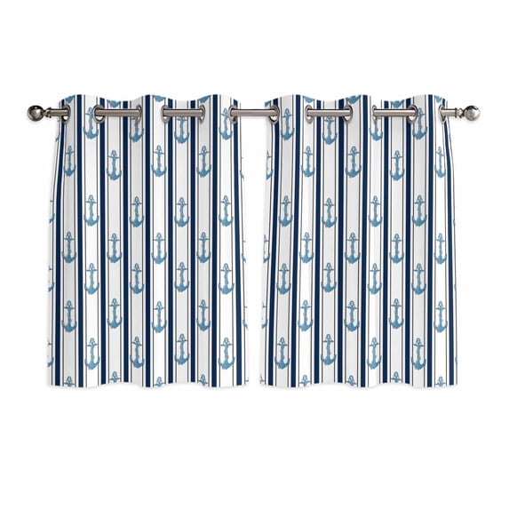 Navy Blue Anchor Nautical Kitchen Curtains Short 45 Inch Length, Coastal Ocean Summer Beach Grommet Top Bedroom Living Room Curtains, Light Filtering Cafe Curtain Drapes 2 Panels Set 84''x45''