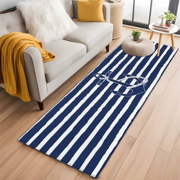 Navy Blue Anchor Nautical Kitchen Runner Rug 2x6 Washable Runners for Hallway Non Slip Navy Blue Striped Farmhouse Large Area Rug Indoor Floor Carpet for Bathroom Laundry Entryway Bedroom Living Room