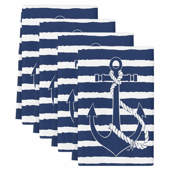 Navy Blue Anchor Nautical Kitchen Towels Set of 4, Absorbent Microfiber Dish Tea Towels with Hanging Loop, Navy Blue Striped Farmhouse Resuable Hand Towel for Home Kitchen Cooking Cleaning 18"x28"
