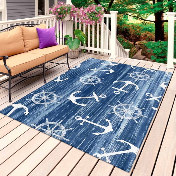 Navy Blue Anchor Nautical Outdoor Rug for Patio/Deck/Porch, Non-Slip Large Area Rug 6 x 9 Ft, Coastal Rudder Beach Indoor Outdoor Rugs Washable Area Rugs, Reversible Camping Rug Carpet Runner