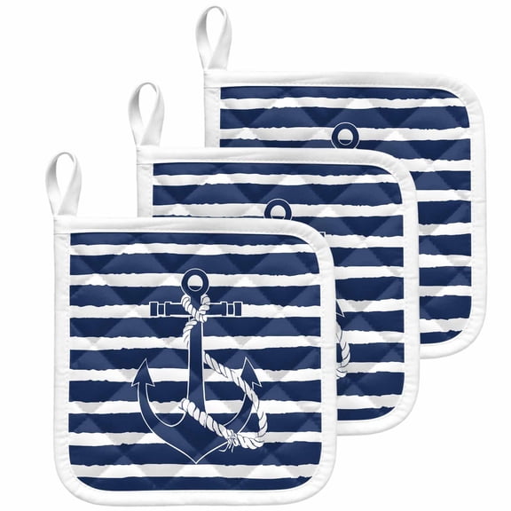 Navy Blue Anchor Nautical Pot Holders for Kitchen Heatproof Potholder, 3 Pack Navy Blue Striped Farmhouse Hot Pads Multipurpose Oven Pads Cloth Potholders Trivet for Cooking Baking