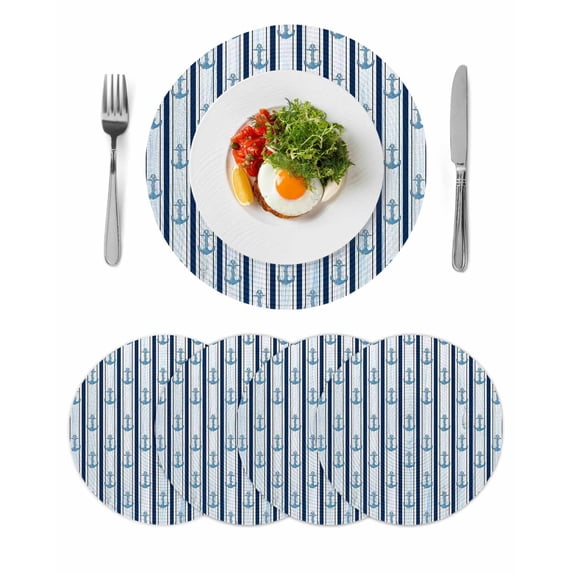 Navy Blue Anchor Nautical Round 15 Inch Placemats Set of 4, Blue Coastal Ocean HeatResistant Non Slip Place Mats for Dining Table, Wipeable Braided Kitchen Table Mats for Housewarming