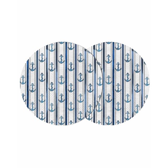 Navy Blue Anchor Nautical Round Placemats Set of 2 for Dinning Tables,Heat-proof Braided Table Mats 13 Inch,Coastal Ocean Blue Striped Washable Place Mat for Kitchen Restaurant Party Table Decor