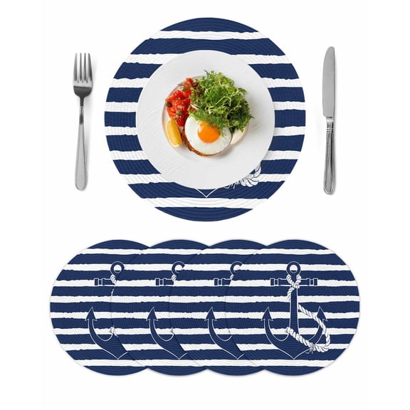 Navy Blue Anchor Nautical Round Placemats Set of 4 for Dinning Tables,Heat-proof Braided Table Mats 15 Inch,Navy Blue Striped Farmhouse Washable Place Mat for Kitchen Restaurant Party Table Decor