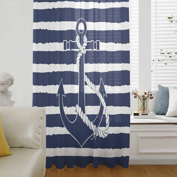 Navy Blue Anchor Nautical Semi Sheer Curtains Drapes for Living Room, Bedroom, French Doors Window 108 Inches Long, Navy Blue Striped Farmhouse Rod Pocket Chiffon Curtain Drapery Voile Drape Panel