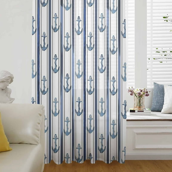 Navy Blue Anchor Nautical Semi Sheer Curtains Drapes for Living Room, Bedroom, French Doors Window 45 Inches Long, Coastal Ocean Blue Striped Rod Pocket Chiffon Curtain Drapery Voile Draperies Panel