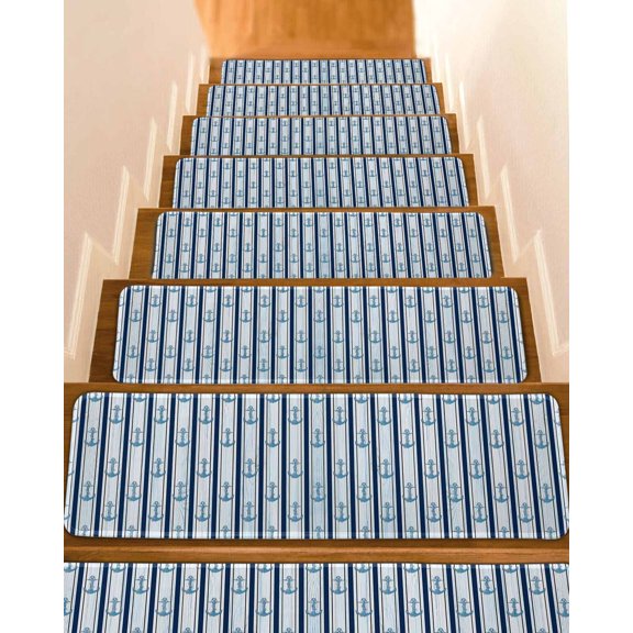 Navy Blue Anchor Nautical Stair Treads for Wooden Steps Indoor Runner Rug Carpet, Blue Coastal Ocean 4 Pieces Peel and Stick Staircase Step Treads Covers Washable Throw Door Mats, 30"x8"