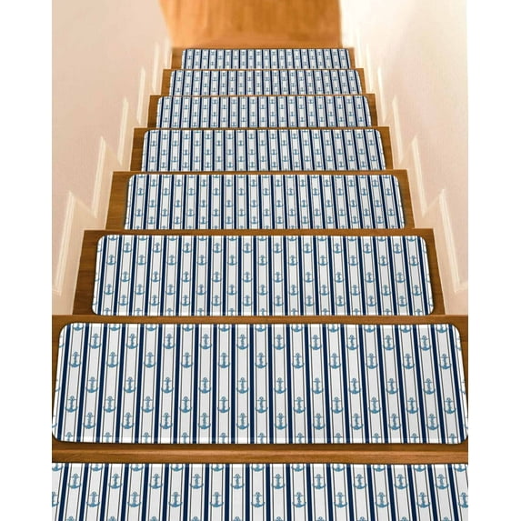 Navy Blue Anchor Nautical Stair Treads for Wooden Steps Indoor Runner Rug Carpet, Coastal Ocean Summer Beach 4 Pieces Peel and Stick Staircase Step Treads Covers Washable Throw Door Mats, 30"x8"