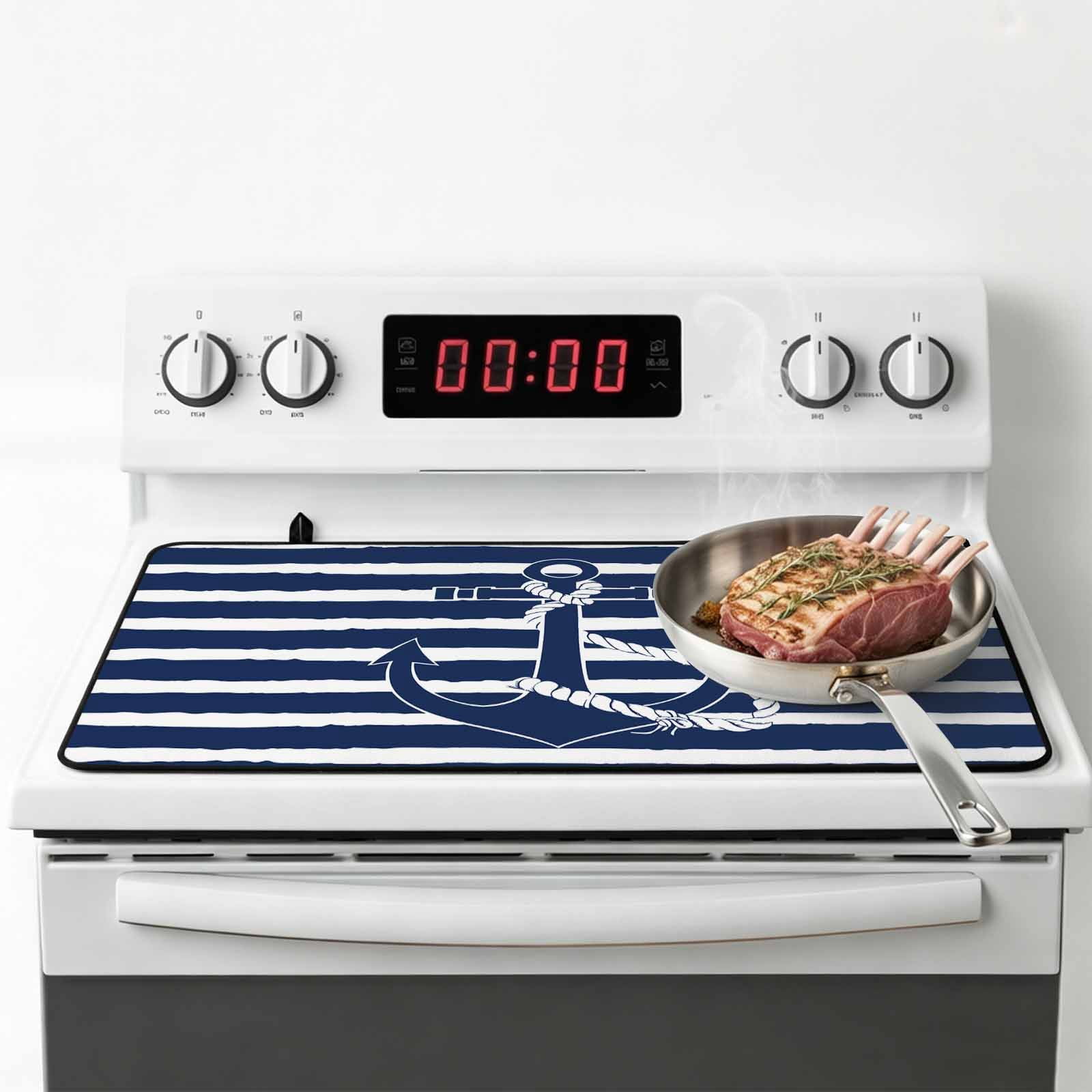 Navy Blue Anchor Nautical Stove Top Cover for Electric Stove, Heat-proof & Non Slip Glass Top Stove Cover Protector, Navy Blue Striped Farmhouse Kitchen Flat Cooktop Rubber Mat 24x21 Inches