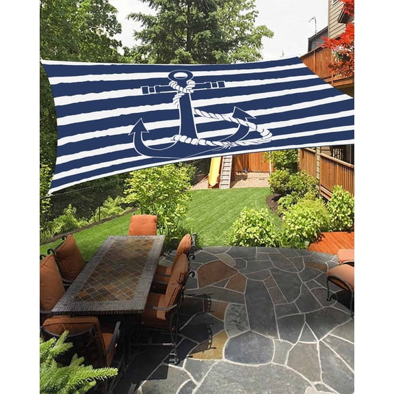 Navy Blue Anchor Nautical Sun Sail Shades Rectangle Canopy,Sunlight Block Heavy Duty Curved Backyard Shade Cover,Navy Blue Striped Farmhouse Waterproof Sun Shades for Patios Garden Pergola 6.5'x10'