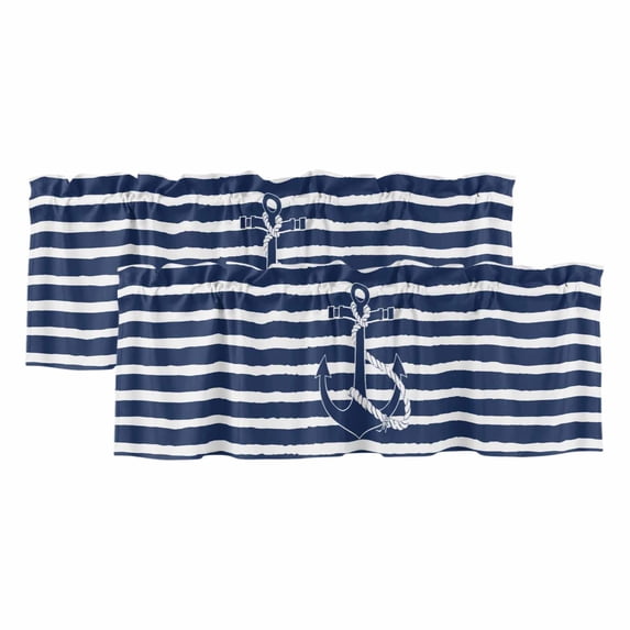 Navy Blue Anchor Nautical Valances for Windows, Navy Blue Striped Farmhouse Light Filtering Kitchen Curtains, Rod Pocket Window Valance Curtains for Living Room Bedroom, 42" W x 12" L, 2 Panels