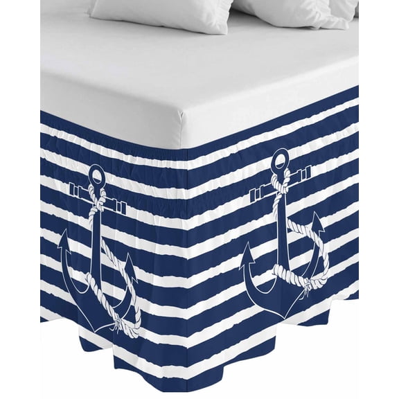 Navy Blue Anchor Nautical Wrap Around Bed Skirts for California King Bed 16" Drop,Bed Skirt with Adjustable Elastic Belt Dust Ruffle Bed Valance Navy Blue Striped Farmhouse Bed Frame Cover