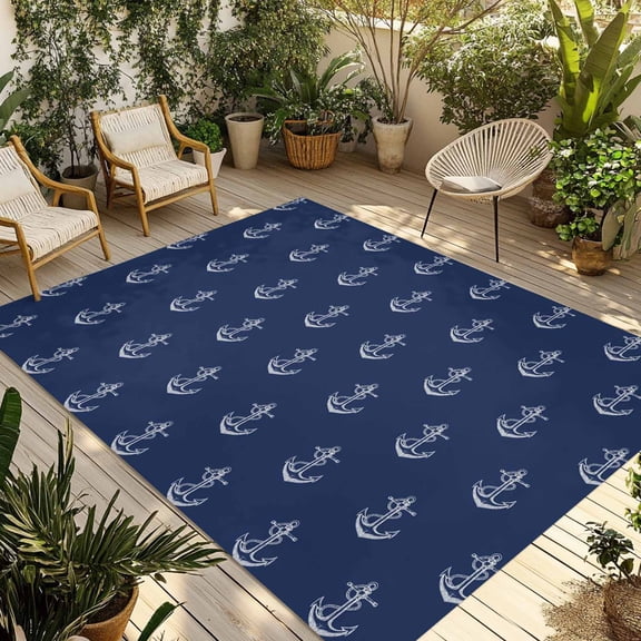 Navy Blue Anchor Outdoor Rug 3x5 Ft - Reversible Patio Rug Outdoor Camping Rugs, Nautical Coastal Summer Ocean Ship Washable Indoor Outdoor Area Rugs, Non-Slip Outdoor Carpet Runner for Deck/Porch