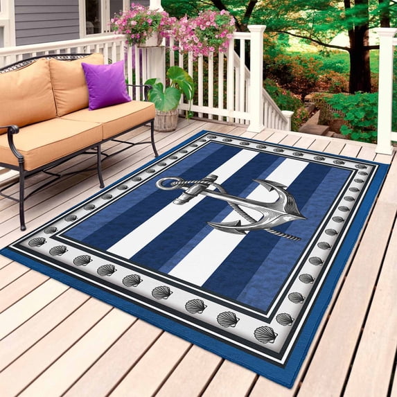 Navy Blue Anchor Outdoor Rug 4x6 Ft, Non Slip Washable Area Rug, Nautical Summer Beach Coastal Ocean Patio Rugs Carpet Runner, Large Floor Mat for Indoor/Outdoor Deck Porch Camping