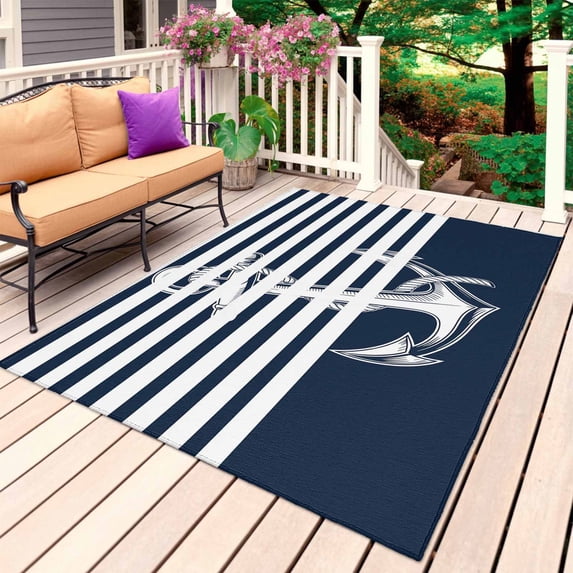 Navy Blue Anchor Outdoor Rug 5x7 Ft, Non Slip Washable Area Rug, Nautical Coastal Abstract Art Patio Rugs Carpet Runner, Large Floor Mat for Indoor/Outdoor Deck Porch Camping