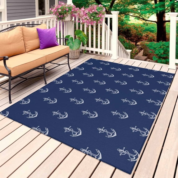 Navy Blue Anchor Outdoor Rug for Patio/Deck/Porch, Non-Slip Large Area Rug 3 x 5 Ft, Nautical Coastal Summer Ocean Ship Indoor Outdoor Rugs Washable Area Rugs, Reversible Camping Rug Carpet Runner