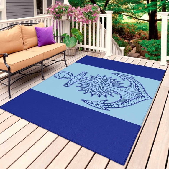 Navy Blue Anchor Outdoor Rug for Patio/Deck/Porch, Non-Slip Large Area Rug 5 x 8 Ft, Nautical Mandalas Boho Modern Abstract Indoor Outdoor Rugs Washable Area Rugs, Camping Rug Carpet Runner