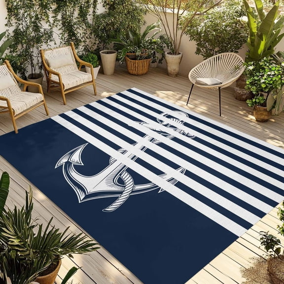 Navy Blue Anchor Outdoor Rug for Patio/Deck/Porch, Non-Slip Large Area Rug 6 x 9 Ft, Nautical Coastal Abstract Art Indoor Outdoor Rugs Washable Area Rugs, Reversible Camping Rug Carpet Runner