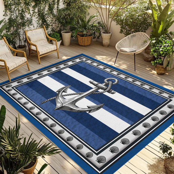 Navy Blue Anchor Outdoor Rug for Patio/Deck/Porch, Non-Slip Large Area Rug 6 x 9 Ft, Nautical Summer Beach Coastal Ocean Indoor Outdoor Rugs Washable Area Rugs, Reversible Camping Rug Carpet Runner
