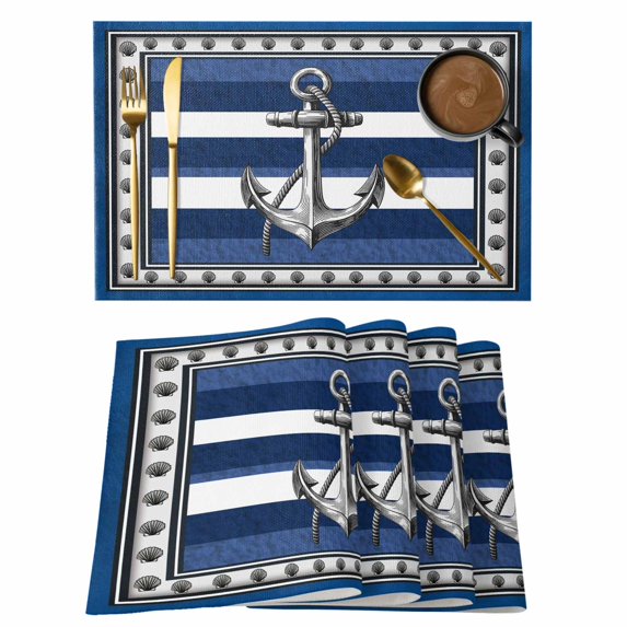 Navy Blue Anchor Placemats Set of 6, Nautical Summer Beach Coastal Ocean Placemats for Dining Table, Place Mats for Kitchen Tabletop, Waterproof Wipeable Dining Table Mats Set