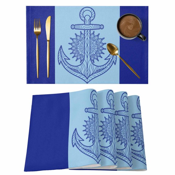 Navy Blue Anchor Placemats Set of 8 Nautical Mandalas Boho Modern Abstract Place Mats Indoor Wipeable Table Mats Washable Cloth Dining Table Placemats for Kitchen Holiday Party Home Decor 13x19 Inch
