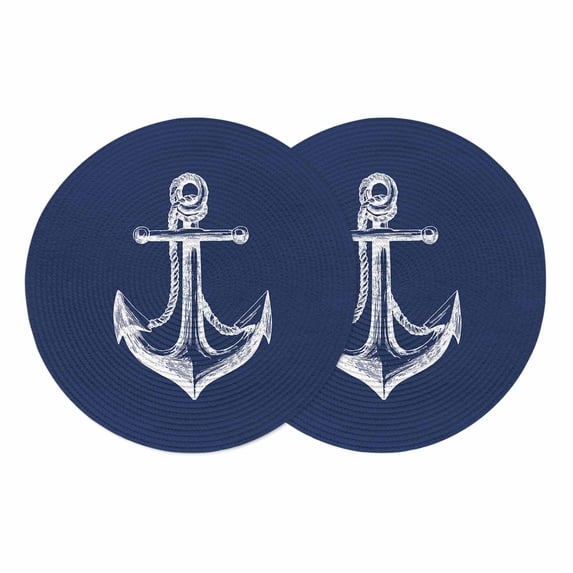 Navy Blue Anchor Round 13 Inch Placemats Set of 2, Coastal Nautical Marine Minimalist HeatResistant Non Slip Place Mats for Dining Table, Wipeable Braided Kitchen Table Mats for Housewarming